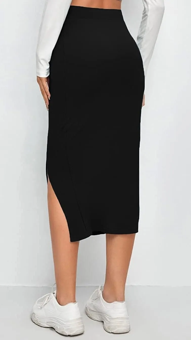 ALYNE Women's Elastic Waist Pencil Bodycon Midi Skirt - High Waisted with Side Slit Below Knee Length Elegance for Women