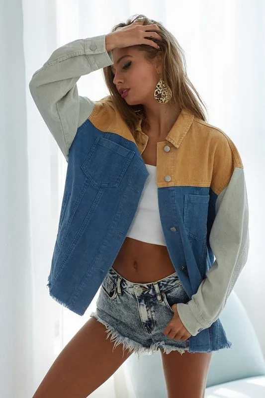 BiBi Color Block Button Down Corduroy Jacket