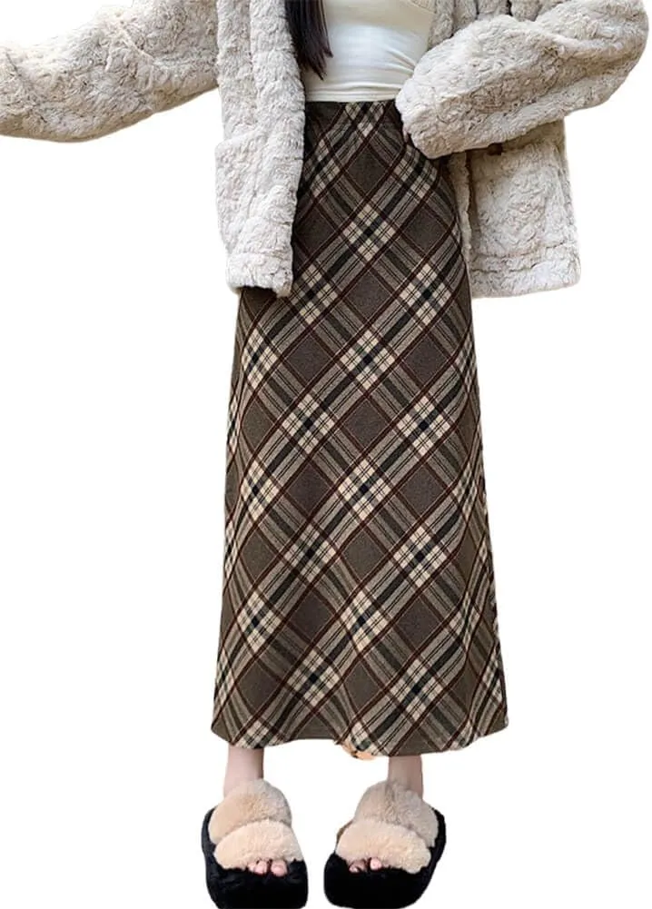 CHARTOU Women's Winter Vintage Plaid Wool Blend A-Line Slit Midi Long Straight Skirt
