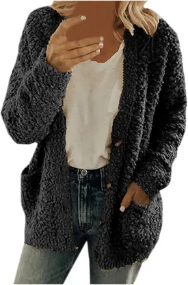 Chunky Open Front Cardigan for Women Fluffy Button Up Sweater Coat Winter Shaggy, Womens Fuzzy Popcorn Outwear