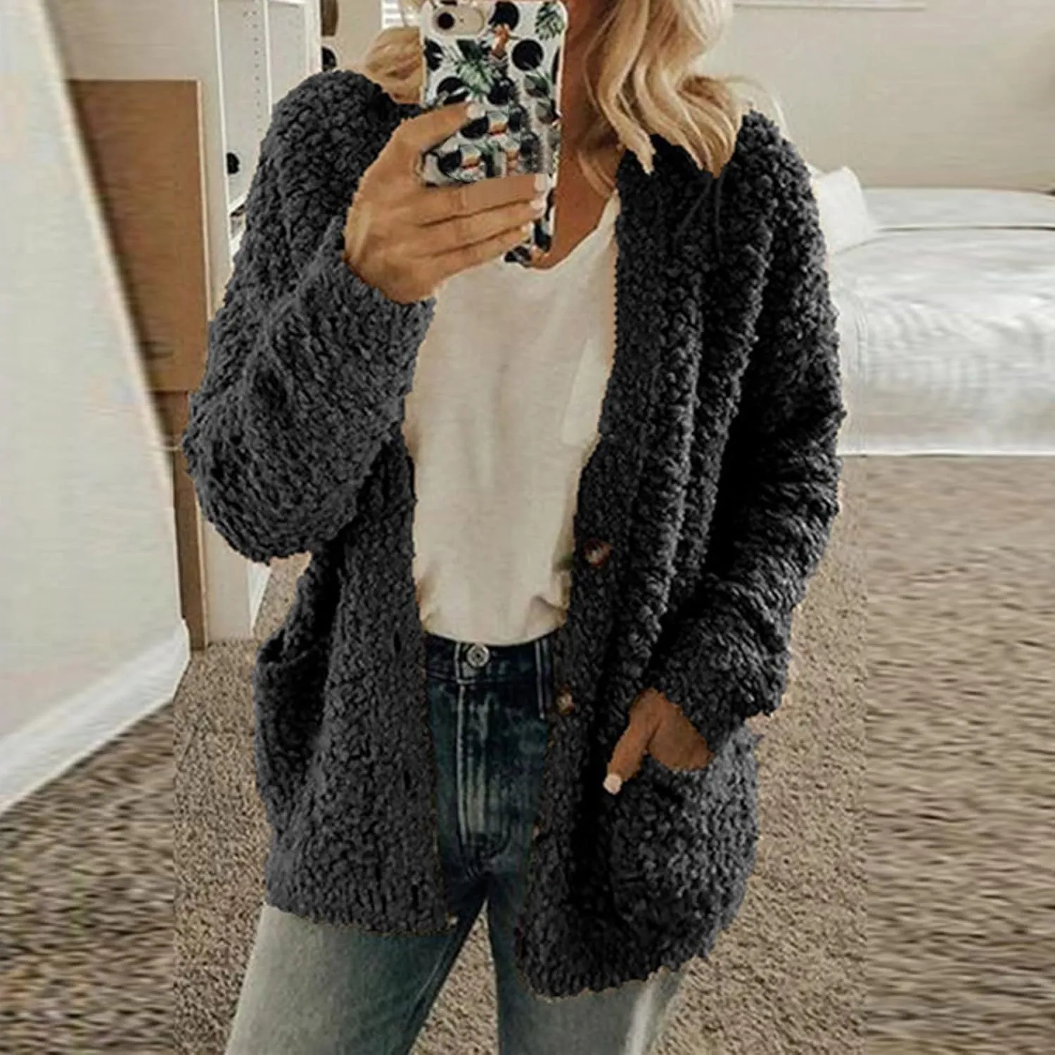 Chunky Open Front Cardigan for Women Fluffy Button Up Sweater Coat Winter Shaggy, Womens Fuzzy Popcorn Outwear