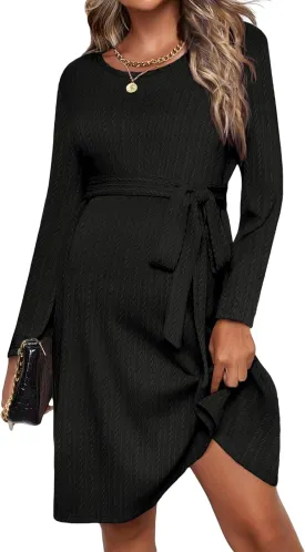Ekouaer Womens Maternity Dress Rib Knit Long Sleeve Pregnancy Dresses Crewneck Pregnant Clothes with Belt