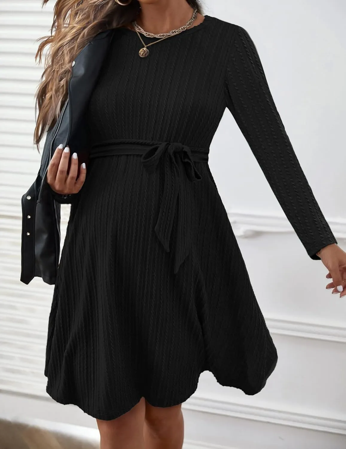 Ekouaer Womens Maternity Dress Rib Knit Long Sleeve Pregnancy Dresses Crewneck Pregnant Clothes with Belt