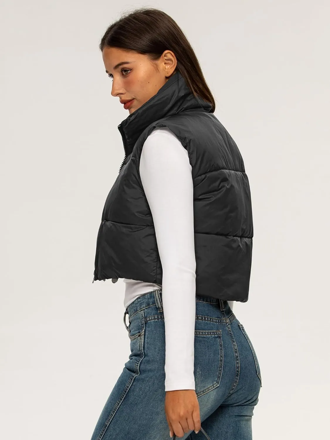ELLEVEN Women's Cropped Puffer Vest with Pockets, High Stand Collar Crop Outerwear Lightweight Padded Gilet