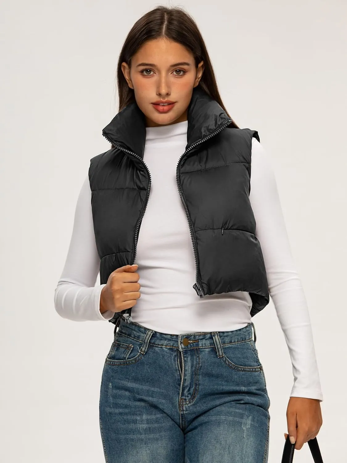 ELLEVEN Women's Cropped Puffer Vest with Pockets, High Stand Collar Crop Outerwear Lightweight Padded Gilet