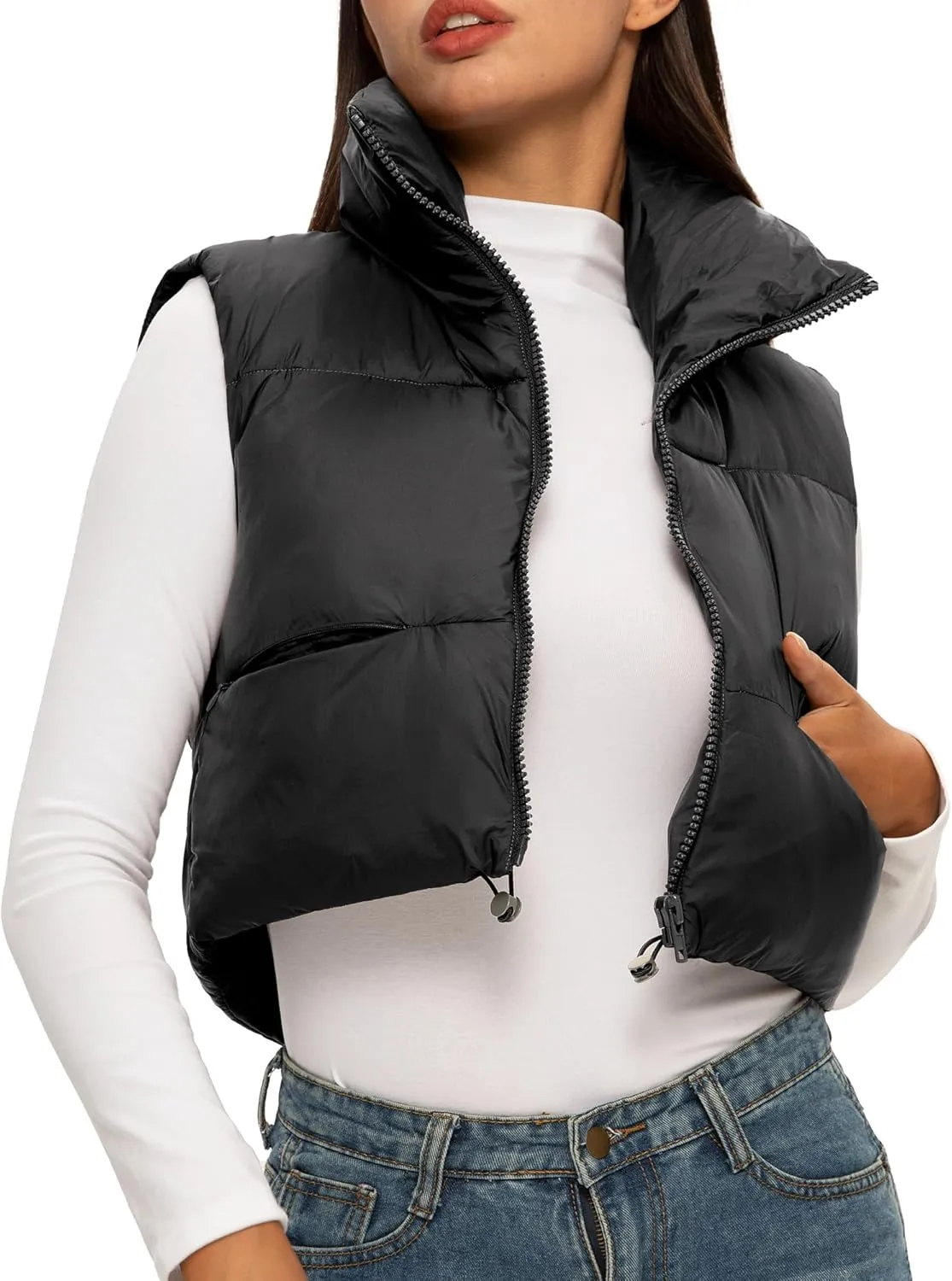 ELLEVEN Women's Cropped Puffer Vest with Pockets, High Stand Collar Crop Outerwear Lightweight Padded Gilet