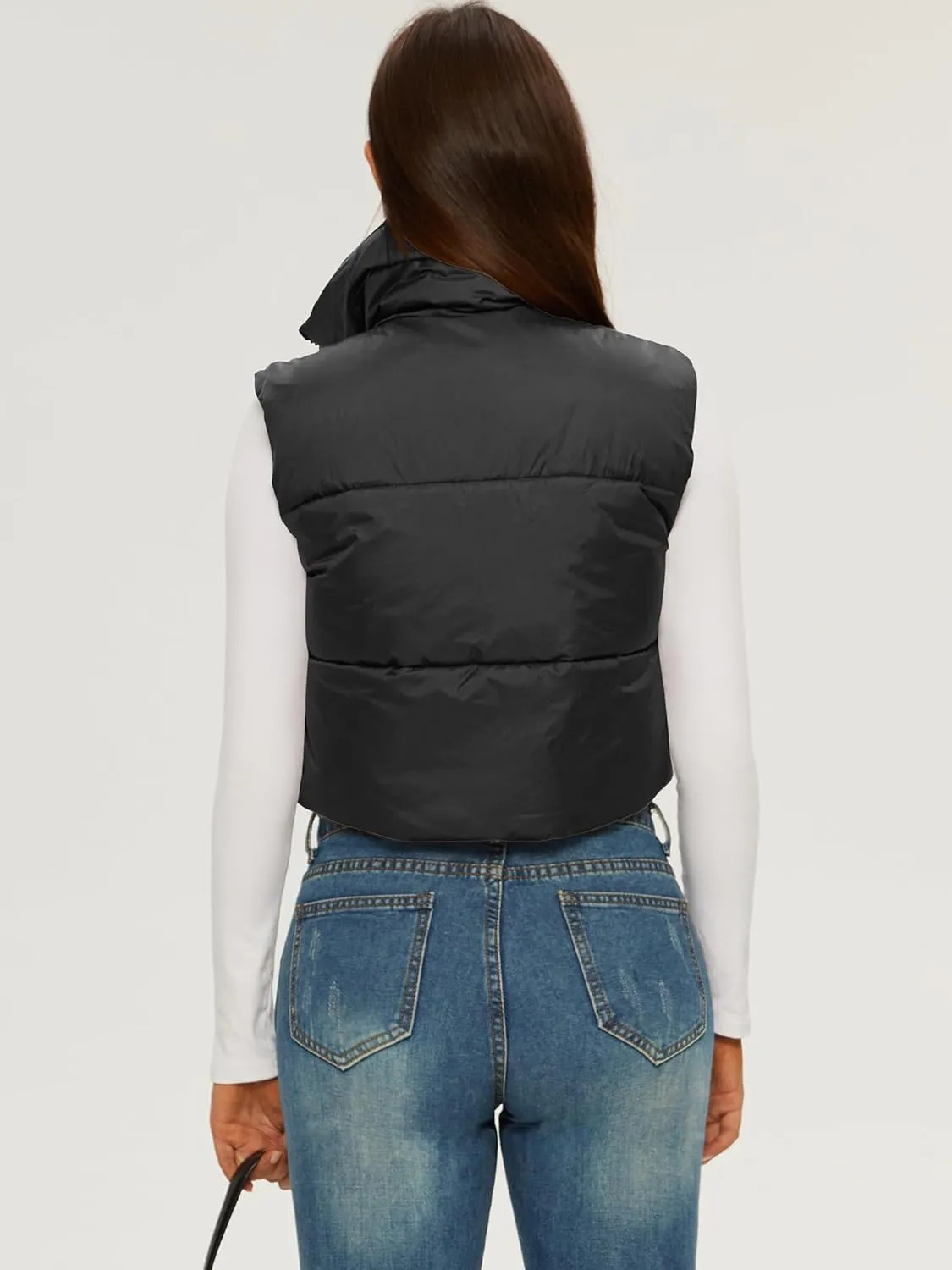 ELLEVEN Women's Cropped Puffer Vest with Pockets, High Stand Collar Crop Outerwear Lightweight Padded Gilet