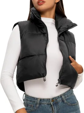 ELLEVEN Women's Cropped Puffer Vest with Pockets, High Stand Collar Crop Outerwear Lightweight Padded Gilet