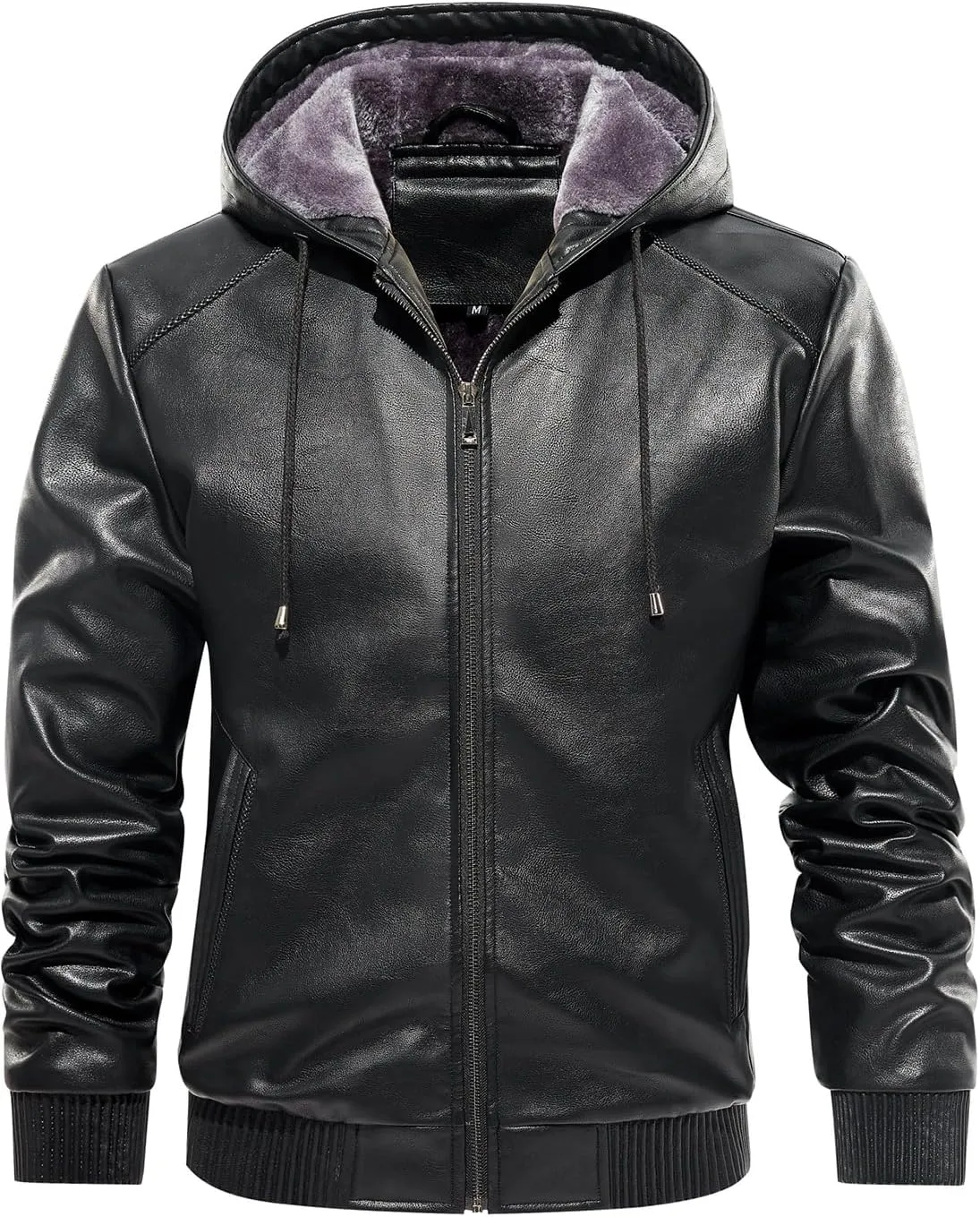 FANARCHER Mens Faux Leather Jacket Fleece Padded Bomber Motorcycle Jacket with Hood