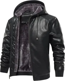 FANARCHER Mens Faux Leather Jacket Fleece Padded Bomber Motorcycle Jacket with Hood