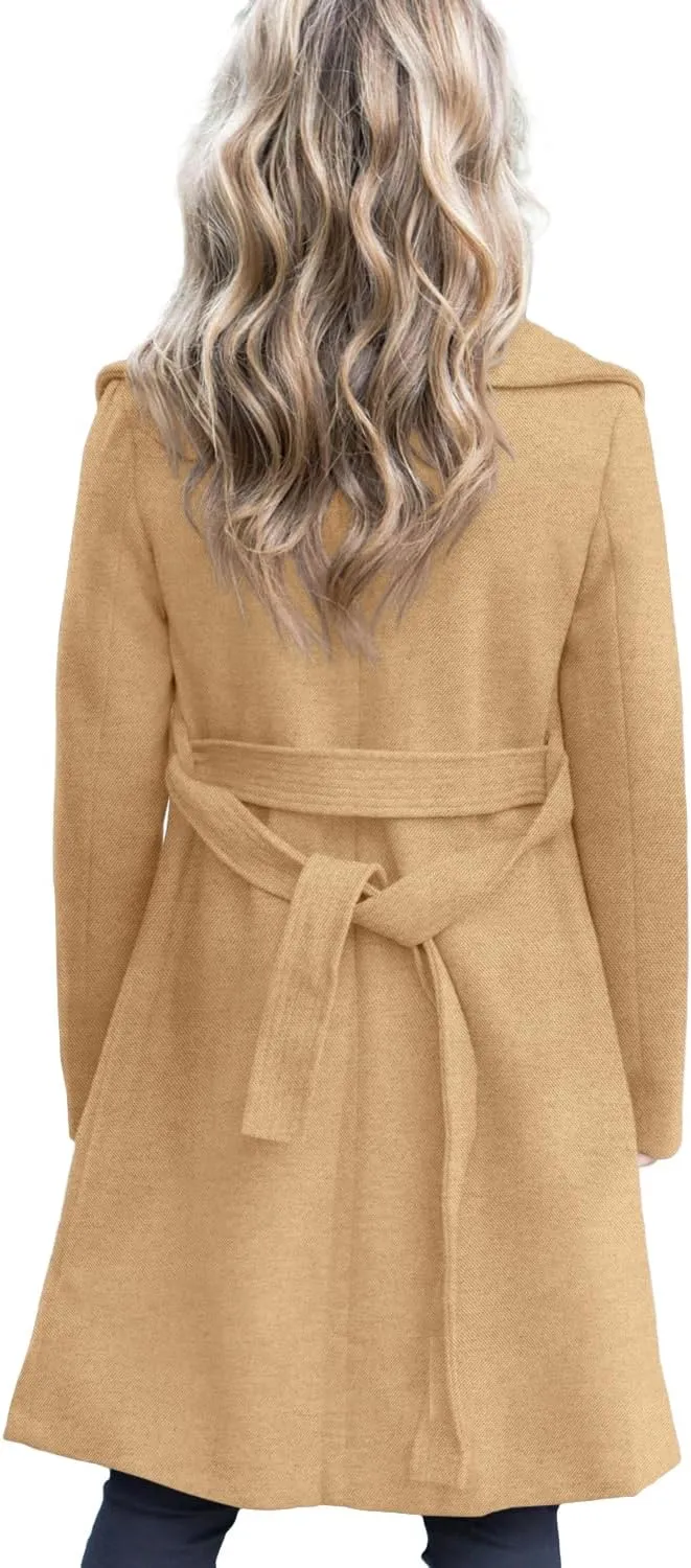 Fazortev Women's Winter Pea Coat Big Lapel Open Front Long Jackets Belted With Pockets