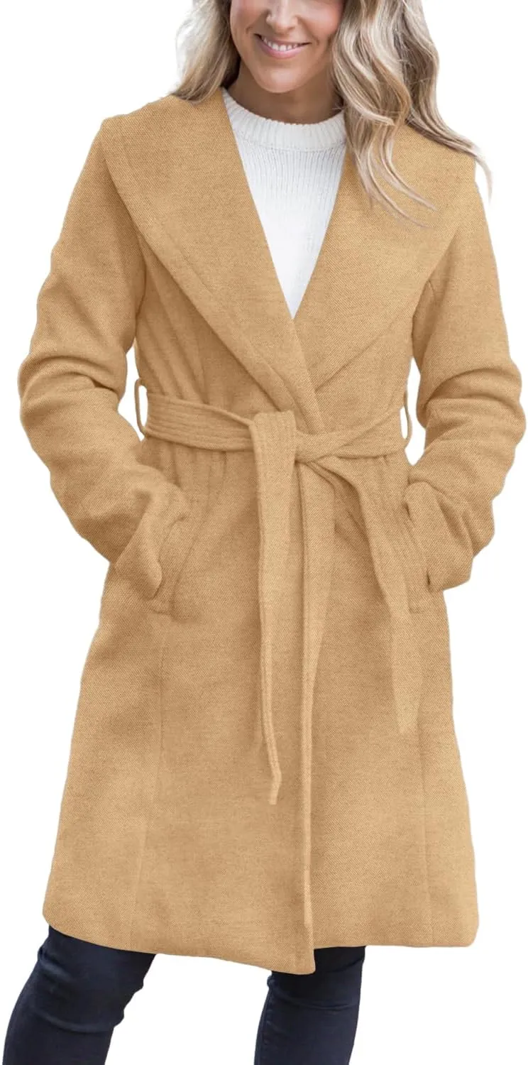 Fazortev Women's Winter Pea Coat Big Lapel Open Front Long Jackets Belted With Pockets