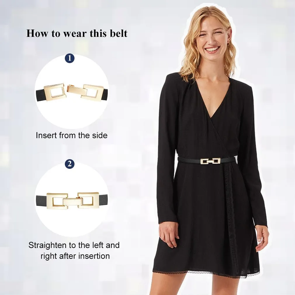 Glamorstar Skinny Belts for Women Thin PU Leather Waist Belt with Gold Buckle for Dresses