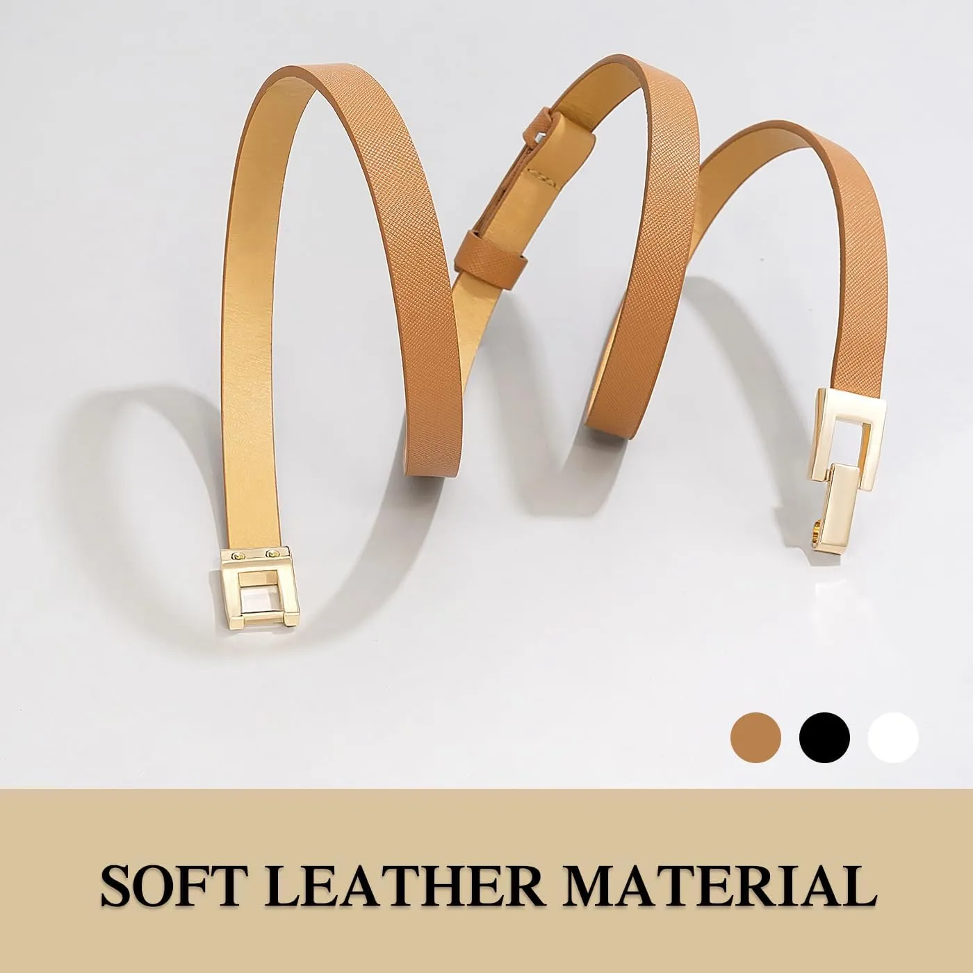Glamorstar Skinny Belts for Women Thin PU Leather Waist Belt with Gold Buckle for Dresses