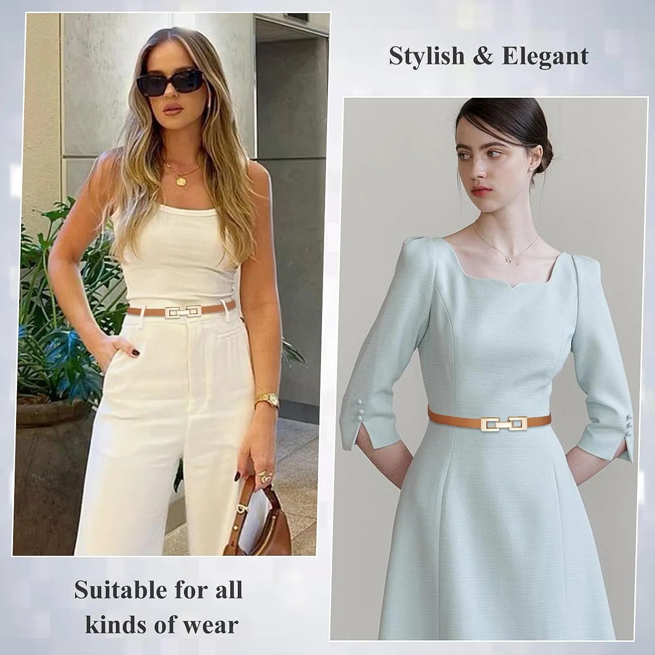 Glamorstar Skinny Belts for Women Thin PU Leather Waist Belt with Gold Buckle for Dresses