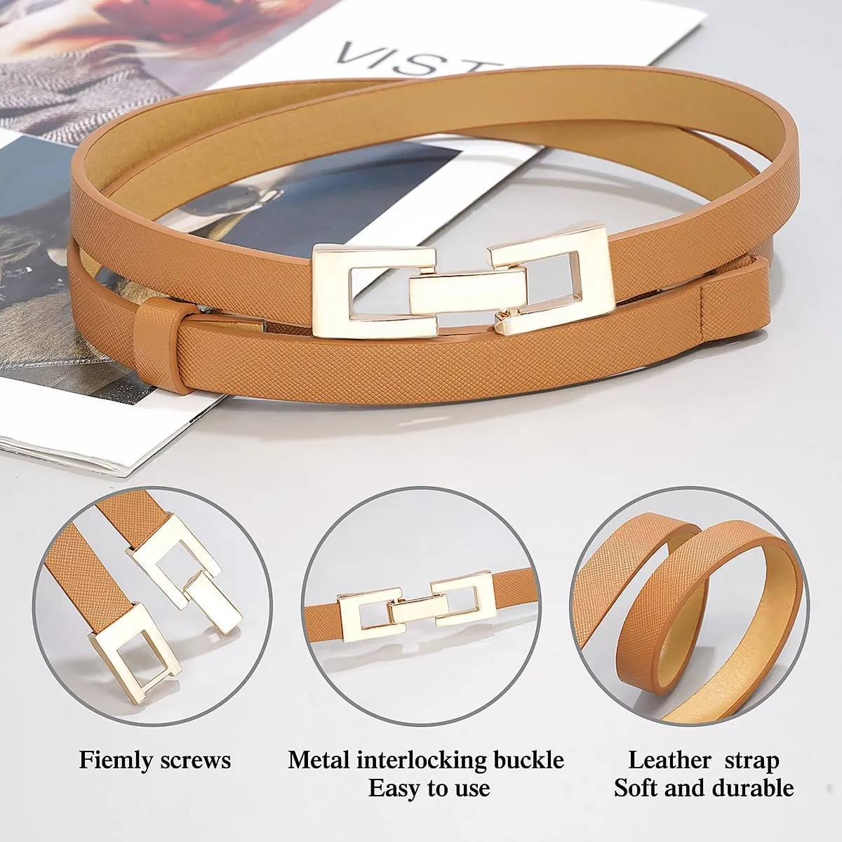 Glamorstar Skinny Belts for Women Thin PU Leather Waist Belt with Gold Buckle for Dresses