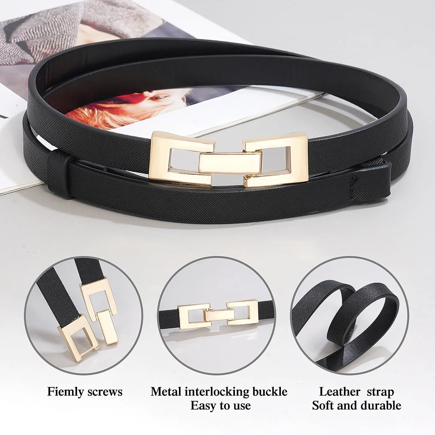 Glamorstar Skinny Belts for Women Thin PU Leather Waist Belt with Gold Buckle for Dresses