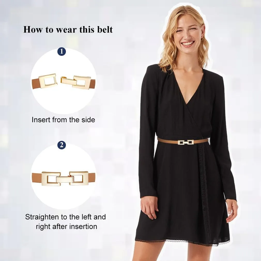 Glamorstar Skinny Belts for Women Thin PU Leather Waist Belt with Gold Buckle for Dresses
