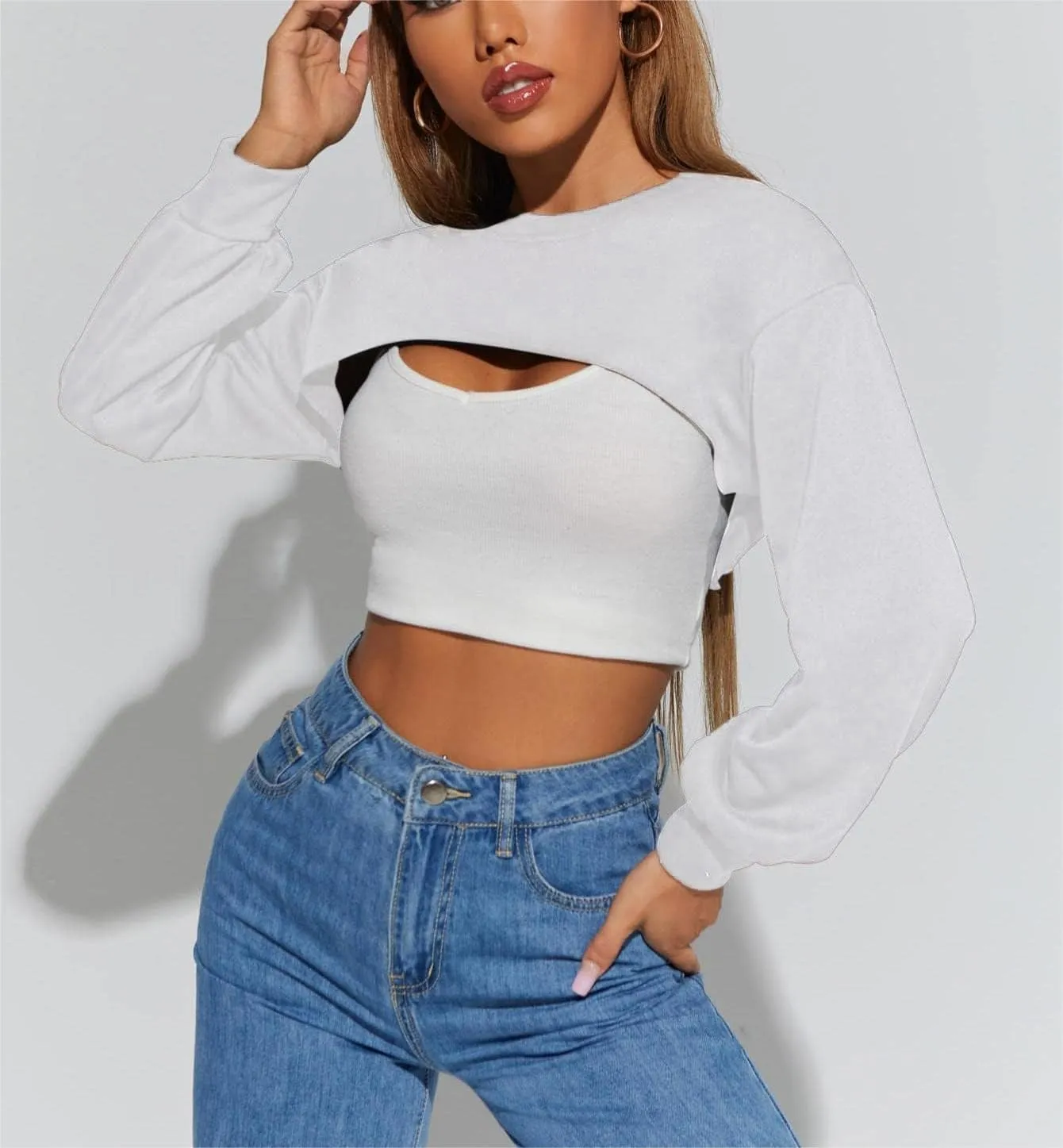 Hilinker Women's Crewneck Long Sleeve Crop Top Casual Loose Cropped Sweatshirt Workout