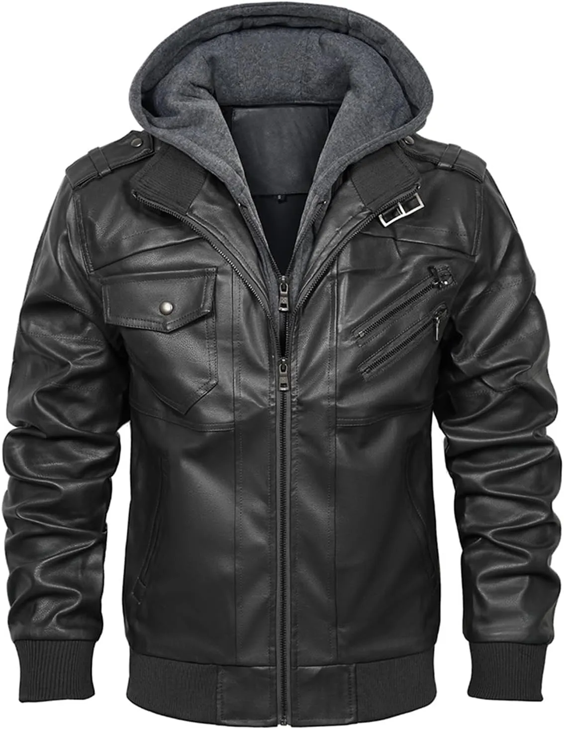 INVACHI Men's Faux Leather Motorcycle Jacket with Removable Hood Windproof Vintage PU Biker Bomber Coat