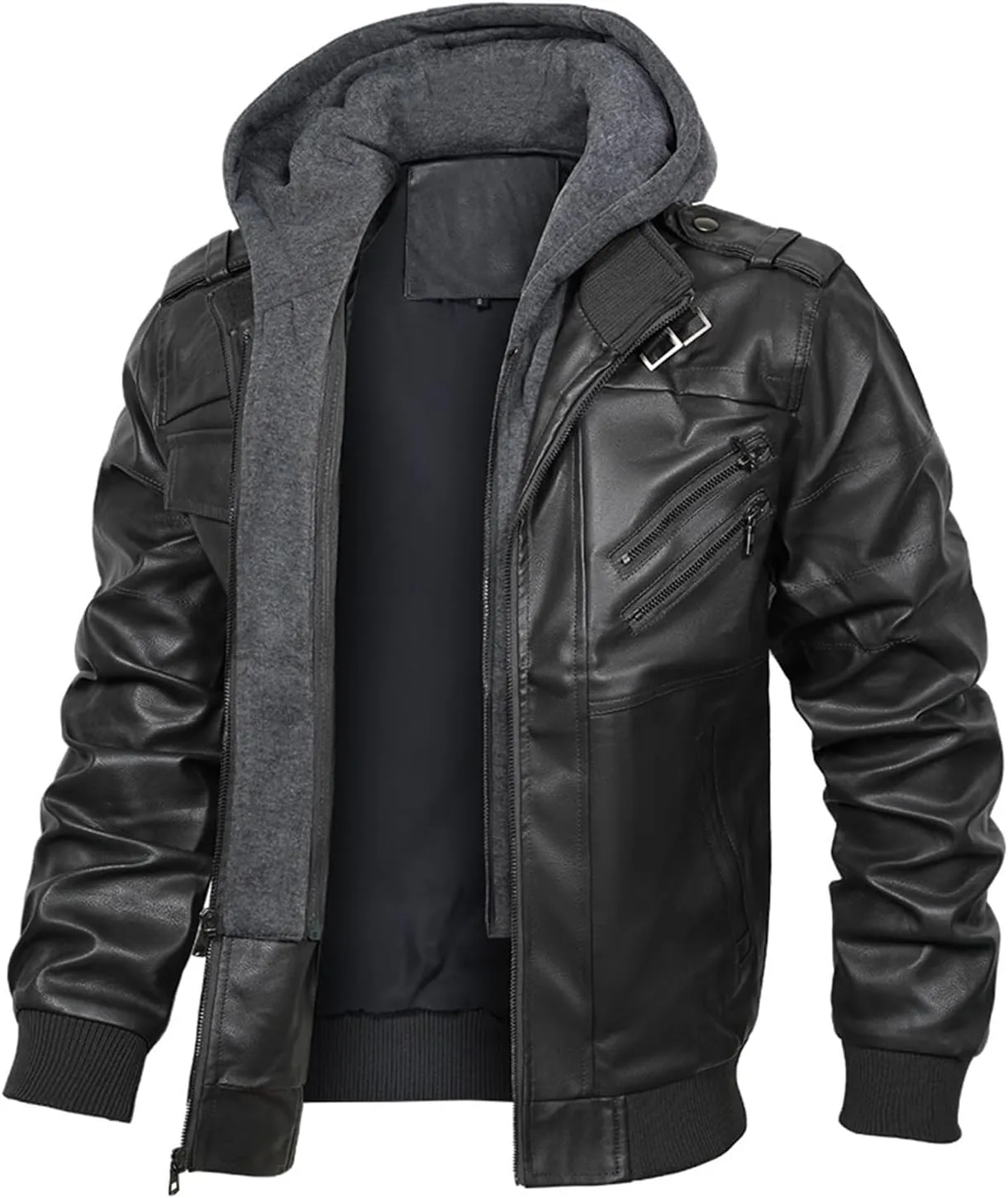 INVACHI Men's Faux Leather Motorcycle Jacket with Removable Hood Windproof Vintage PU Biker Bomber Coat