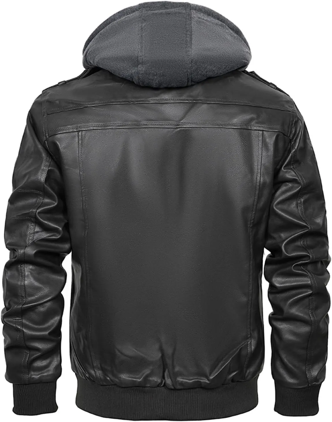 INVACHI Men's Faux Leather Motorcycle Jacket with Removable Hood Windproof Vintage PU Biker Bomber Coat