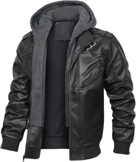 INVACHI Men's Faux Leather Motorcycle Jacket with Removable Hood Windproof Vintage PU Biker Bomber Coat
