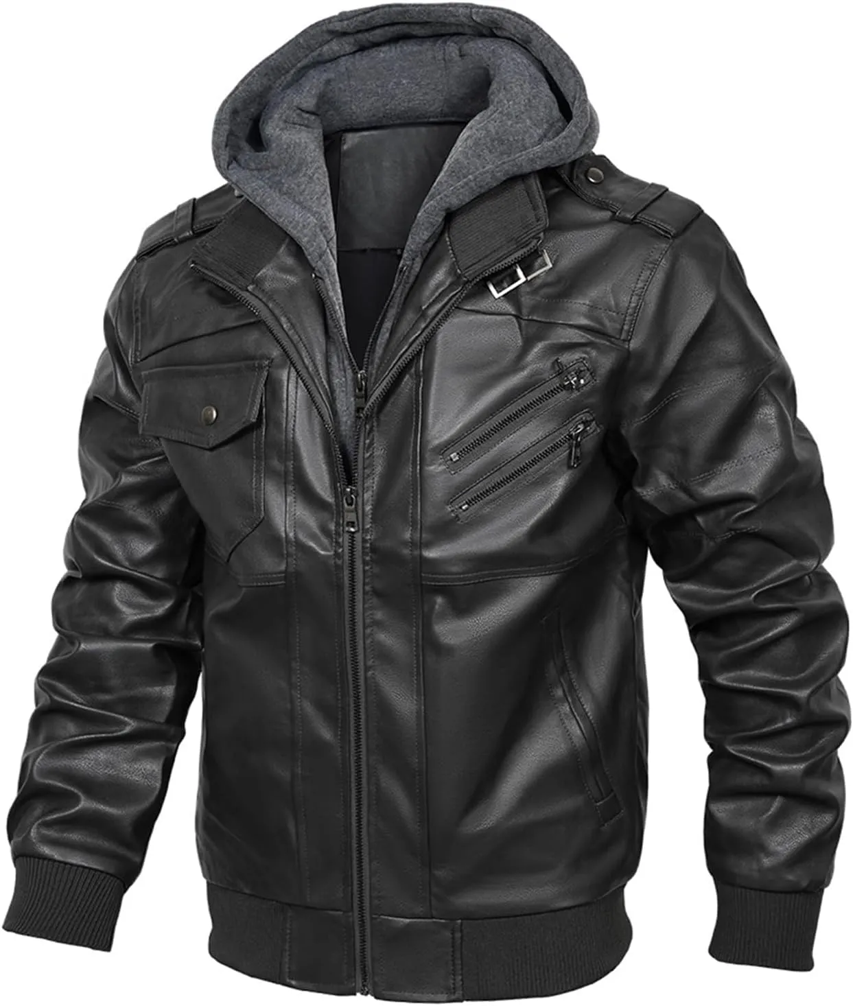 INVACHI Men's Faux Leather Motorcycle Jacket with Removable Hood Windproof Vintage PU Biker Bomber Coat