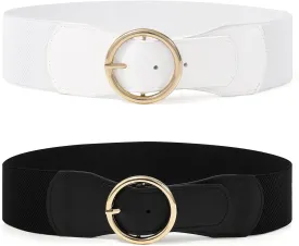 Kajeer 2 Pack Women Stretchy Waist Belt, Vintage 2.4 inch Chunky Buckle Belts for Ladies Dress