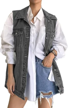 Lachmose Women for Jean Jackets Fashion Sleeveless Button Down Denim Jacket Western Shacket Jacket with Pockets
