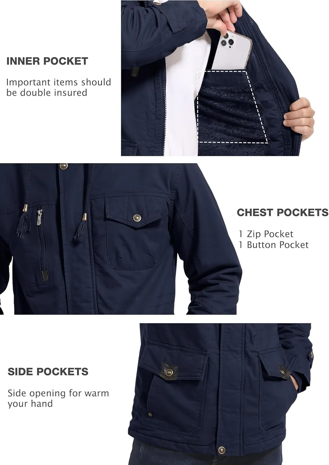 MAGCOMSEN Men's Winter Coat Military Jacket Fleece Lined Parka Cotton Cargo Jacket
