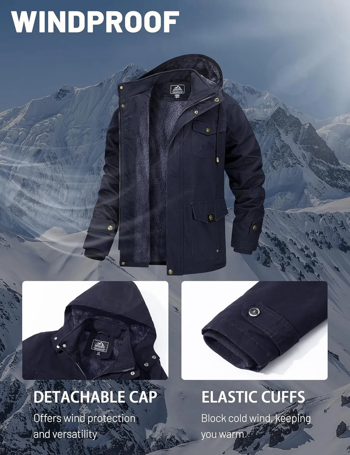 MAGCOMSEN Men's Winter Coat Military Jacket Fleece Lined Parka Cotton Cargo Jacket