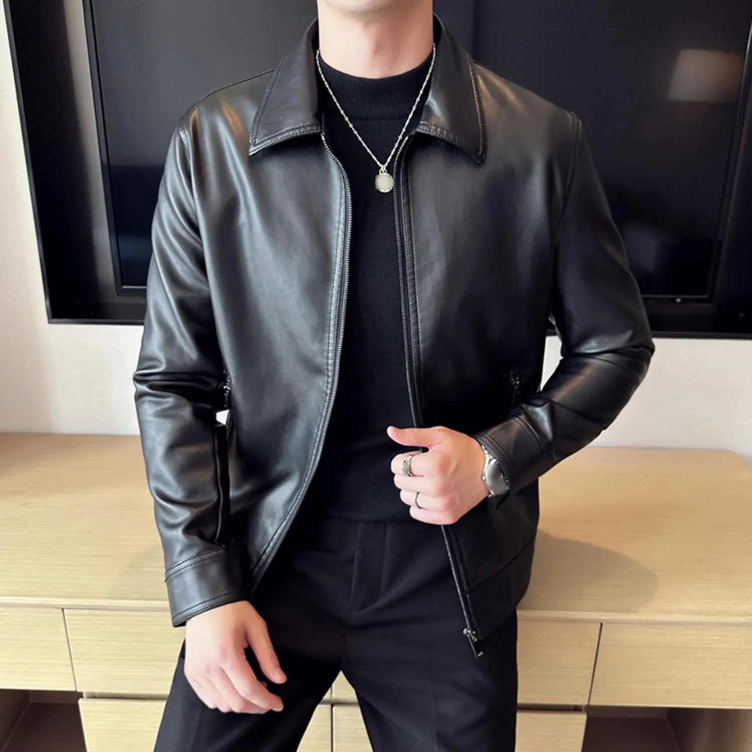 Maiyifu-GJ Mens Leather Jackets Windbreaker Casual Slim Fit Faux Leather Jacket Spring Fall Lightweight Motorcycle Biker Coat