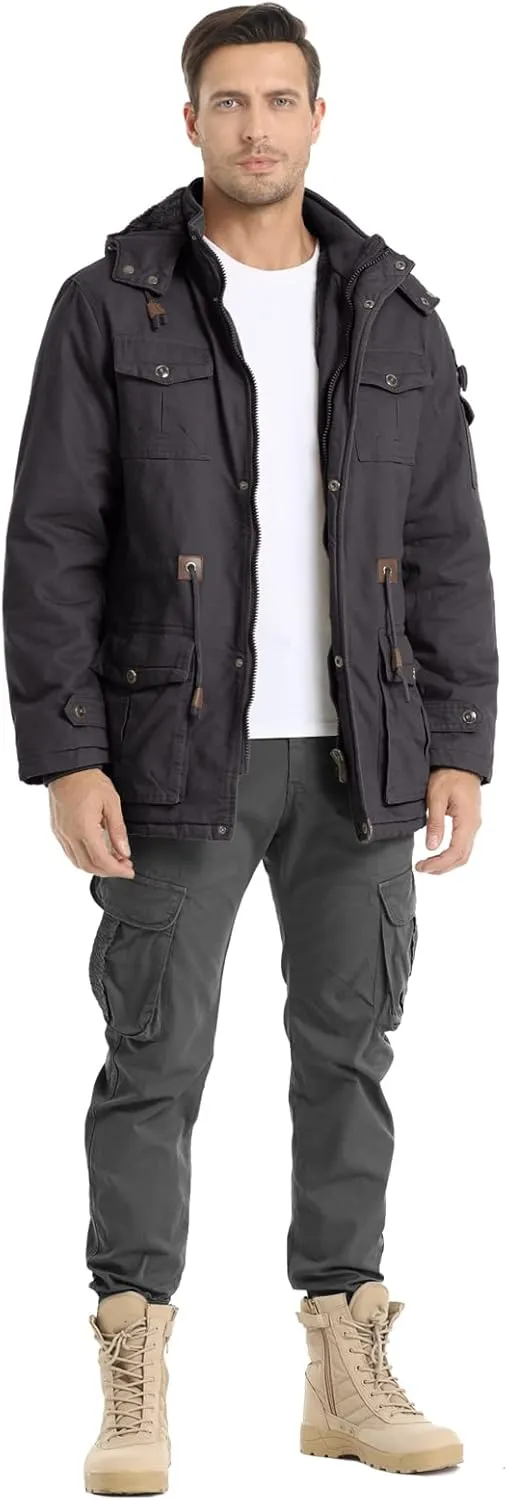 Men's Winter Jacket Military Jacket Fleece Lined Warm Cargo Jackets Removable Hood Cotton Work Coat
