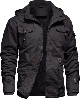 Men's Winter Jacket Military Jacket Fleece Lined Warm Cargo Jackets Removable Hood Cotton Work Coat