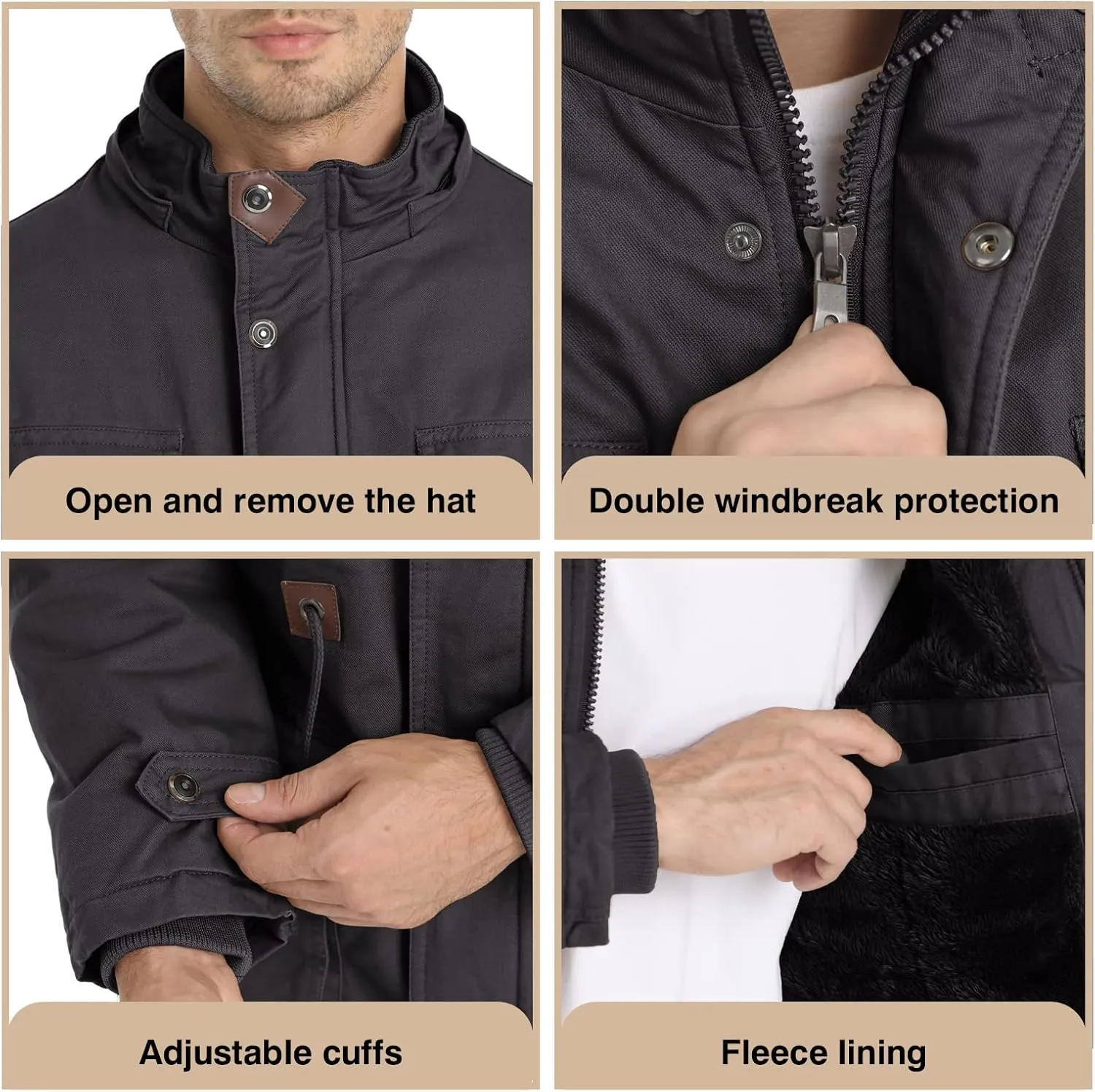 Men's Winter Jacket Military Jacket Fleece Lined Warm Cargo Jackets Removable Hood Cotton Work Coat