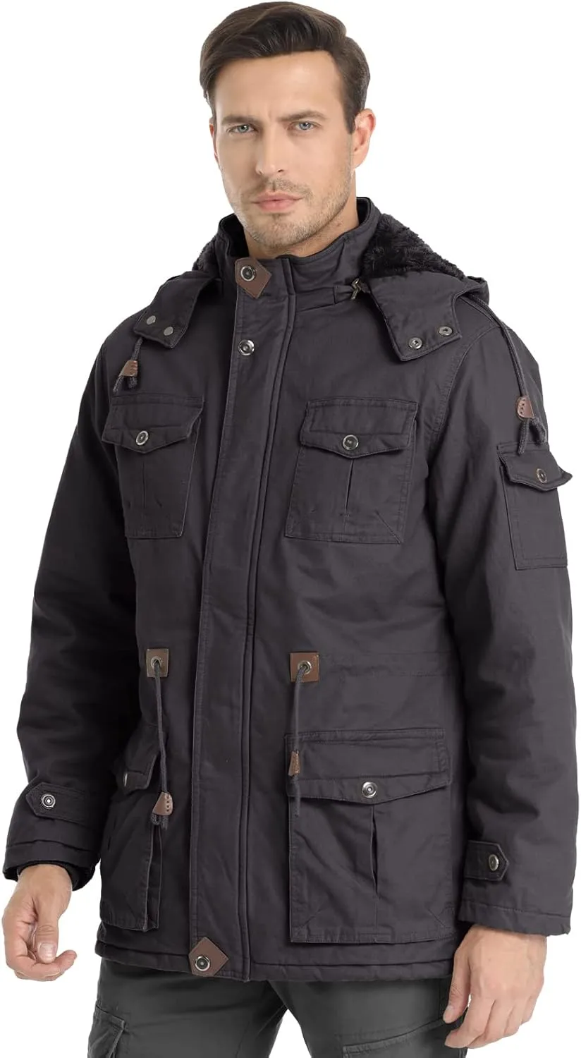 Men's Winter Jacket Military Jacket Fleece Lined Warm Cargo Jackets Removable Hood Cotton Work Coat