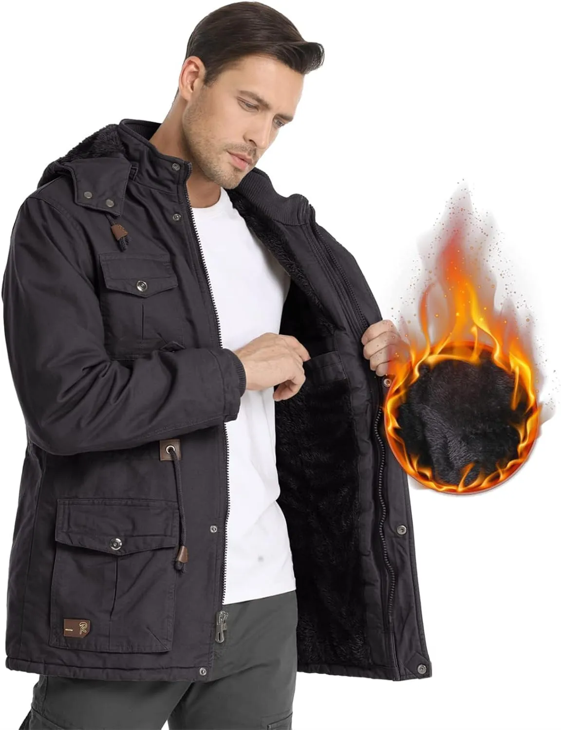 Men's Winter Jacket Military Jacket Fleece Lined Warm Cargo Jackets Removable Hood Cotton Work Coat