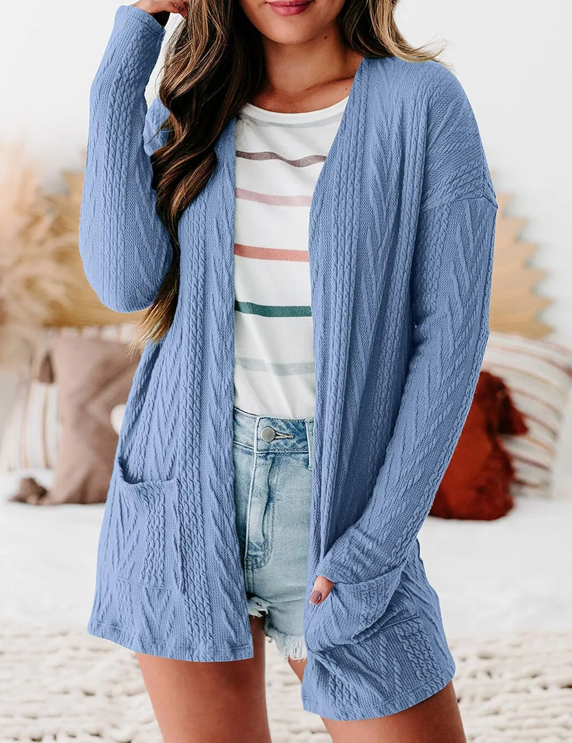 MEROKEETY Women's Casual Long Sleeve Open Front Cable Knit Cardigans Lightweight Solid Color with Pockets