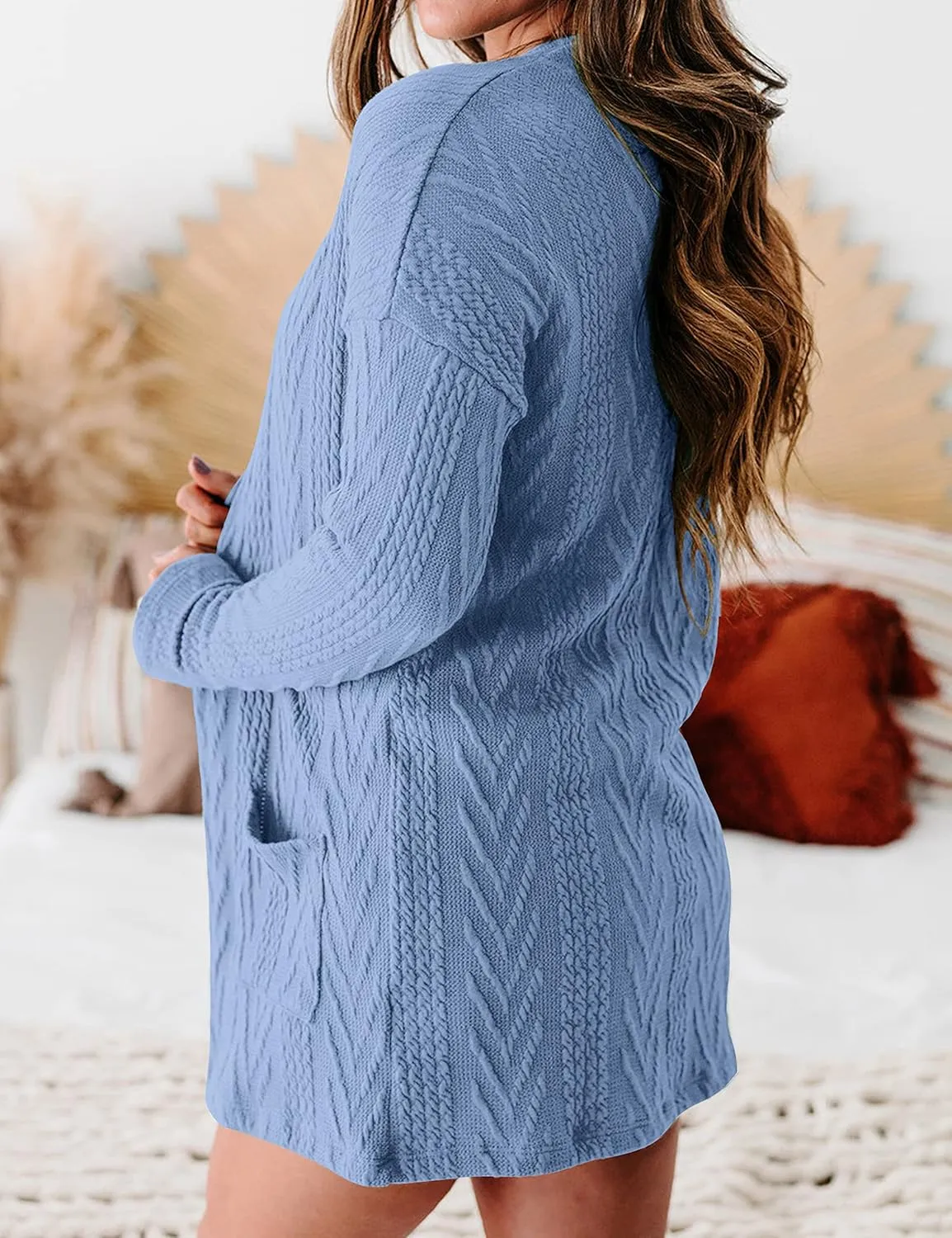 MEROKEETY Women's Casual Long Sleeve Open Front Cable Knit Cardigans Lightweight Solid Color with Pockets