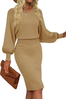 MIROL Women's Casual 2025 Long Puff Sleeve Solid Bodycon Midi Dress Ribbed Knit Oversized Pullover Sweater Dress