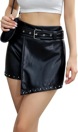 RAMISU Skorts for Women Faux Leather Skorts High Waisted Asymmetrical PU Shorts Studded Decor with Belted Skorts Skirts