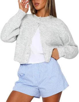 RUEWEY Women Y2k Crew Neck Button Down Long Sleeve Cropped Cardigan Knitted Sweater Light Jacket