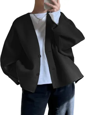 Tankaneo Womens Oversized Cropped Pea Coats Fall Winter Loose Wool Blend Coat Casual Long Sleeve Button Down Jacket Outerwear