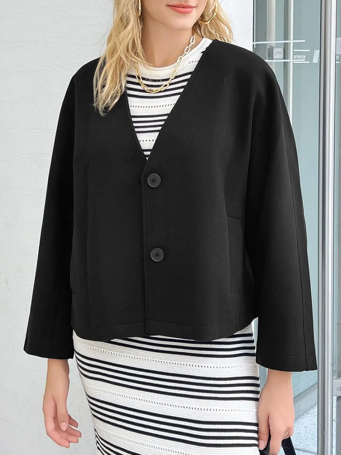 Tankaneo Womens Oversized Cropped Pea Coats Fall Winter Loose Wool Blend Coat Casual Long Sleeve Button Down Jacket Outerwear