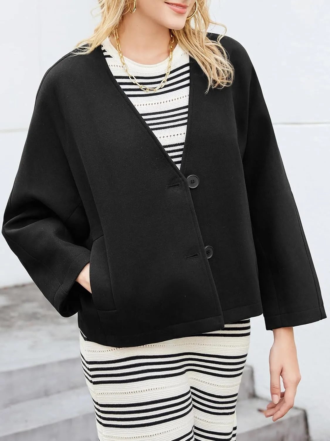 Tankaneo Womens Oversized Cropped Pea Coats Fall Winter Loose Wool Blend Coat Casual Long Sleeve Button Down Jacket Outerwear