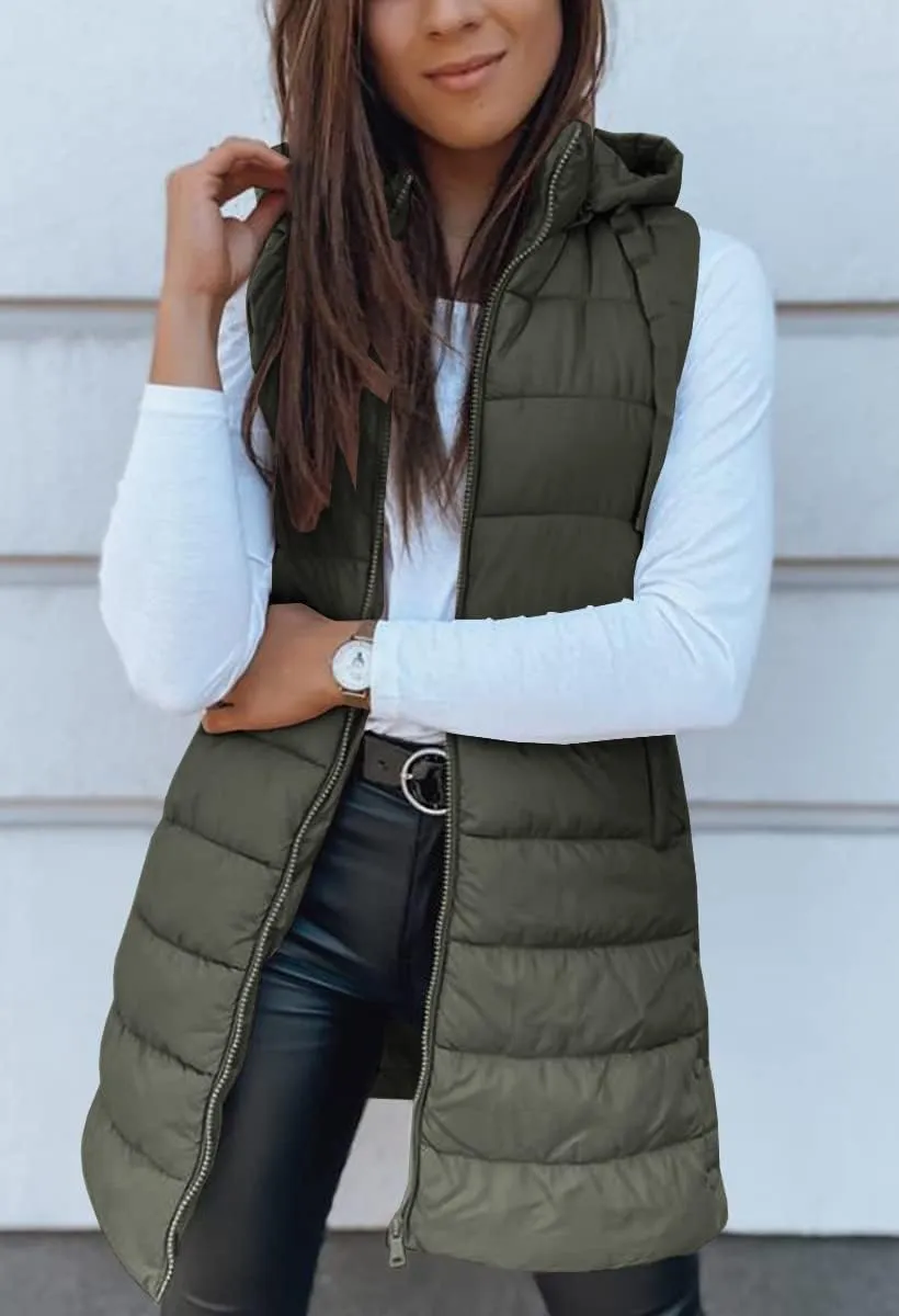 Veatzaer Women Long Vest Solid Color Sleeveless Hood Winter Puffer Vest Outwear