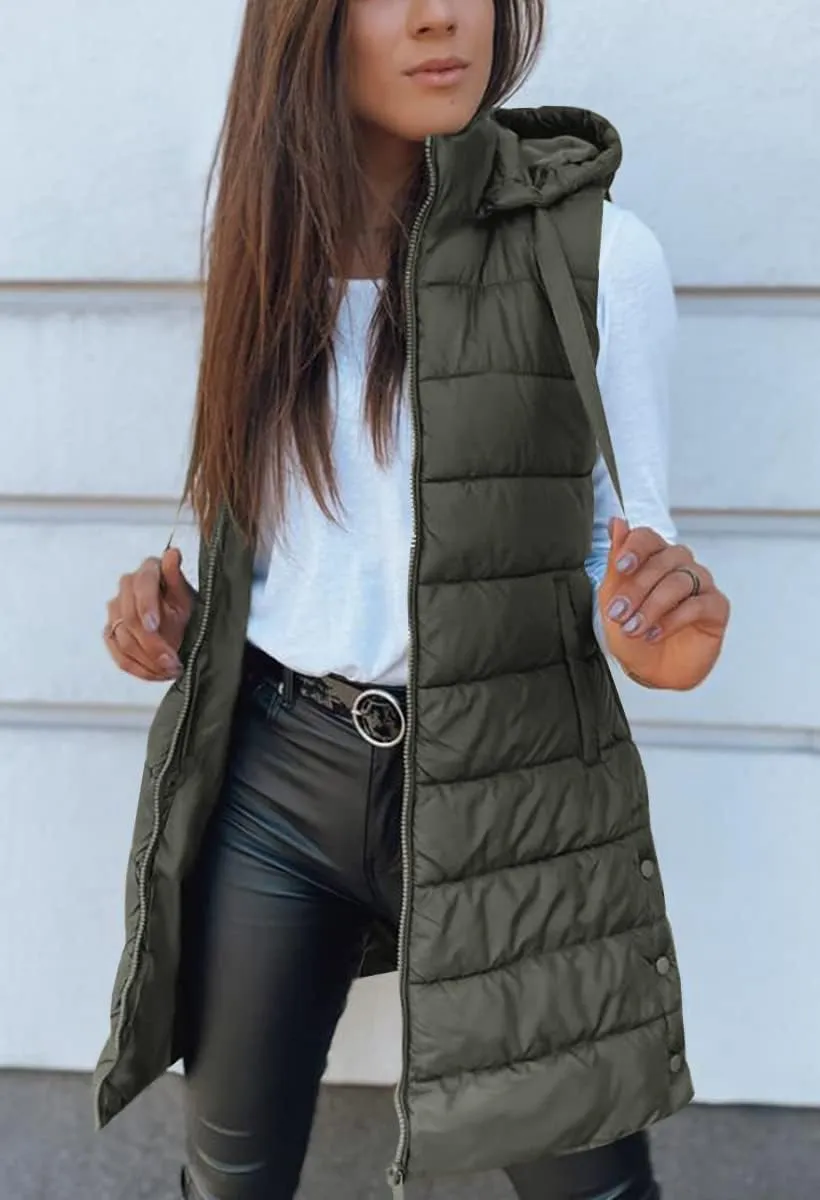 Veatzaer Women Long Vest Solid Color Sleeveless Hood Winter Puffer Vest Outwear