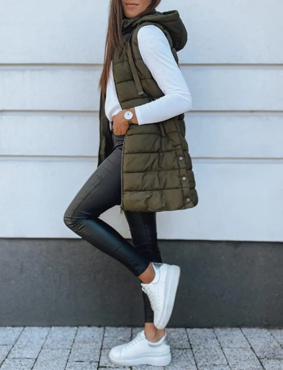 Veatzaer Women Long Vest Solid Color Sleeveless Hood Winter Puffer Vest Outwear