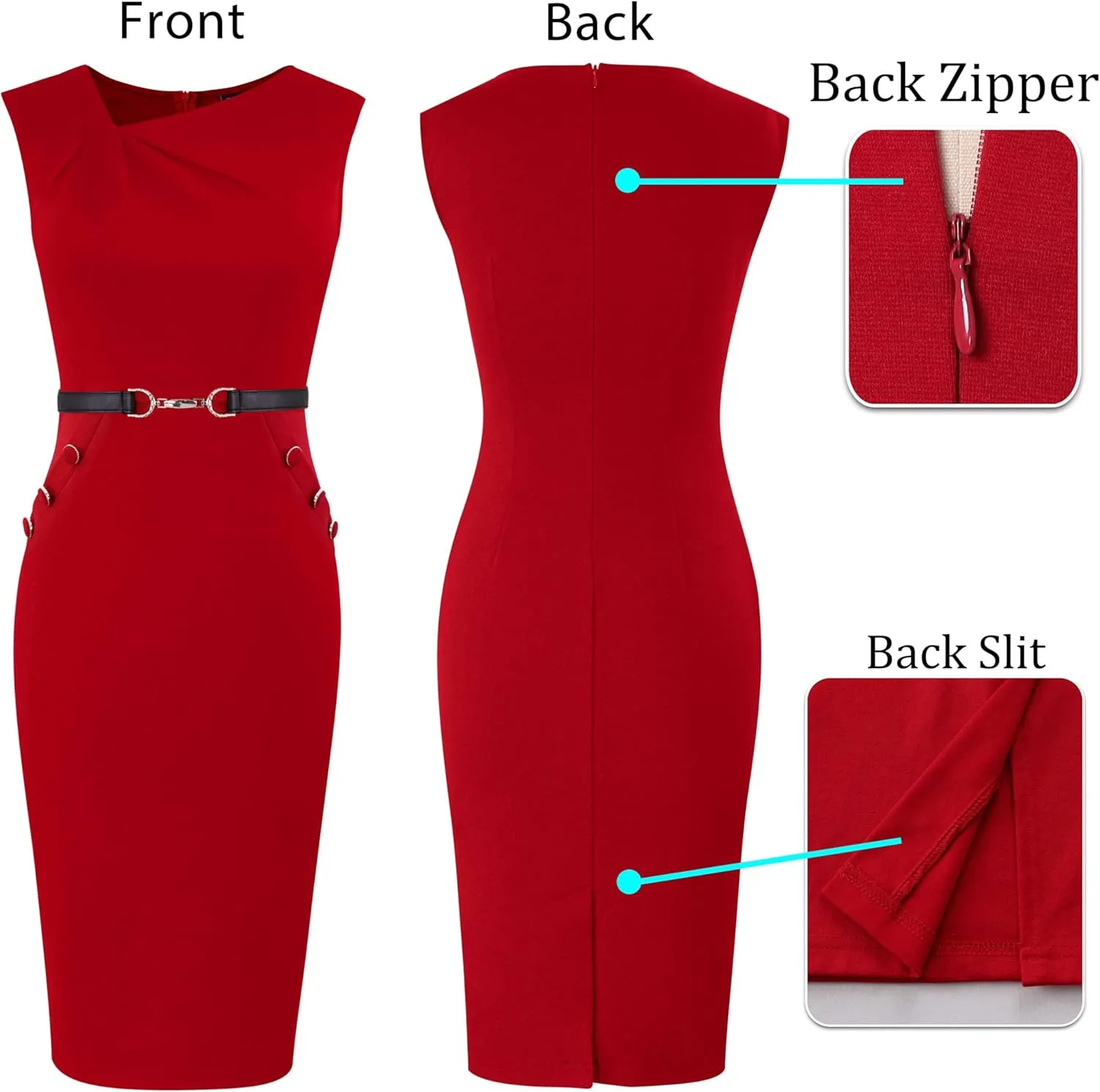 VFSHOW Womens Cocktail Business Casual Pleated Asymmetric Neck Buttons Belted Work Office Church Pencil Sheath Dress